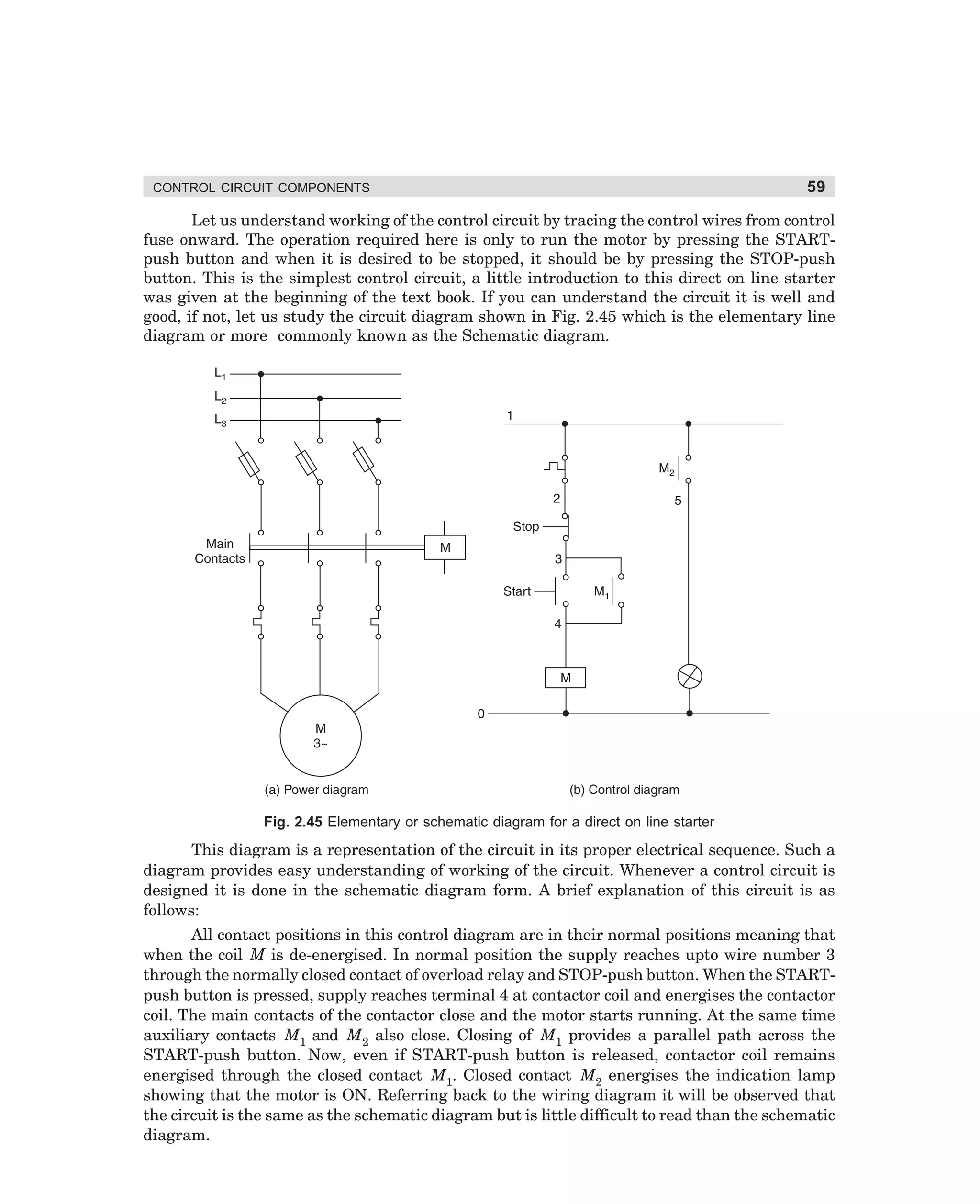 CONTROL CIRCUIT COMPONENTS

59

Let us understand working of the control circuit by tracing the control wires from control
fuse onward. The operation required here is only to run the motor by pressing the STARTpush button and when it is desired to be stopped, it should be by pressing the STOP-push
button. This is the simplest control circuit, a little introduction to this direct on line starter
was given at the beginning of the text book. If you can understand the circuit it is well and
good, if not, let us study the circuit diagram shown in Fig. 2.45 which is the elementary line
diagram or more commonly known as the Schematic diagram.

Fig. 2.45 Elementary or schematic diagram for a direct on line starter

This diagram is a representation of the circuit in its proper electrical sequence. Such a
diagram provides easy understanding of working of the circuit. Whenever a control circuit is
designed it is done in the schematic diagram form. A brief explanation of this circuit is as
follows:
All contact positions in this control diagram are in their normal positions meaning that
when the coil M is de-energised. In normal position the supply reaches upto wire number 3
through the normally closed contact of overload relay and STOP-push button. When the STARTpush button is pressed, supply reaches terminal 4 at contactor coil and energises the contactor
coil. The main contacts of the contactor close and the motor starts running. At the same time
auxiliary contacts M1 and M2 also close. Closing of M1 provides a parallel path across the
START-push button. Now, even if START-push button is released, contactor coil remains
energised through the closed contact M1. Closed contact M2 energises the indication lamp
showing that the motor is ON. Referring back to the wiring diagram it will be observed that
the circuit is the same as the schematic diagram but is little difficult to read than the schematic
diagram.

dharm
d:N-MachMac2-3.pm5

59

 