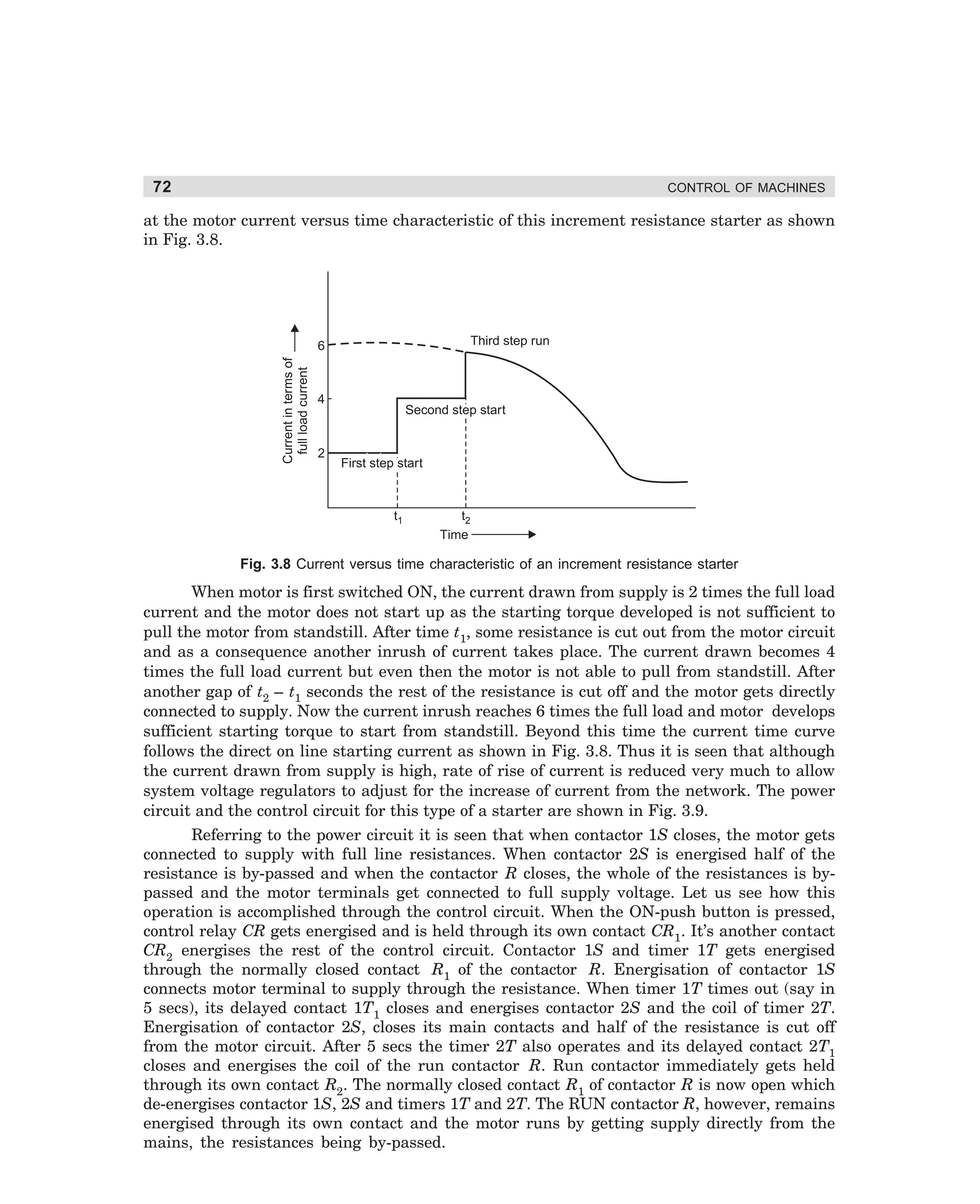 72

CONTROL OF MACHINES

at the motor current versus time characteristic of this increment resistance starter as shown
in Fig. 3.8.

Third step run

Current in terms of
full load current

6

4

2

Second step start

First step start

t1

t2
Time

Fig. 3.8 Current versus time characteristic of an increment resistance starter

When motor is first switched ON, the current drawn from supply is 2 times the full load
current and the motor does not start up as the starting torque developed is not sufficient to
pull the motor from standstill. After time t1, some resistance is cut out from the motor circuit
and as a consequence another inrush of current takes place. The current drawn becomes 4
times the full load current but even then the motor is not able to pull from standstill. After
another gap of t2 – t1 seconds the rest of the resistance is cut off and the motor gets directly
connected to supply. Now the current inrush reaches 6 times the full load and motor develops
sufficient starting torque to start from standstill. Beyond this time the current time curve
follows the direct on line starting current as shown in Fig. 3.8. Thus it is seen that although
the current drawn from supply is high, rate of rise of current is reduced very much to allow
system voltage regulators to adjust for the increase of current from the network. The power
circuit and the control circuit for this type of a starter are shown in Fig. 3.9.
Referring to the power circuit it is seen that when contactor 1S closes, the motor gets
connected to supply with full line resistances. When contactor 2S is energised half of the
resistance is by-passed and when the contactor R closes, the whole of the resistances is bypassed and the motor terminals get connected to full supply voltage. Let us see how this
operation is accomplished through the control circuit. When the ON-push button is pressed,
control relay CR gets energised and is held through its own contact CR1. It’s another contact
CR2 energises the rest of the control circuit. Contactor 1S and timer 1T gets energised
through the normally closed contact R1 of the contactor R. Energisation of contactor 1S
connects motor terminal to supply through the resistance. When timer 1T times out (say in
5 secs), its delayed contact 1T1 closes and energises contactor 2S and the coil of timer 2T.
Energisation of contactor 2S, closes its main contacts and half of the resistance is cut off
from the motor circuit. After 5 secs the timer 2T also operates and its delayed contact 2T1
closes and energises the coil of the run contactor R. Run contactor immediately gets held
through its own contact R2. The normally closed contact R1 of contactor R is now open which
de-energises contactor 1S, 2S and timers 1T and 2T. The RUN contactor R, however, remains
energised through its own contact and the motor runs by getting supply directly from the
mains, the resistances being by-passed.

dharm
d:N-MachMac3-1.pm5

72

 