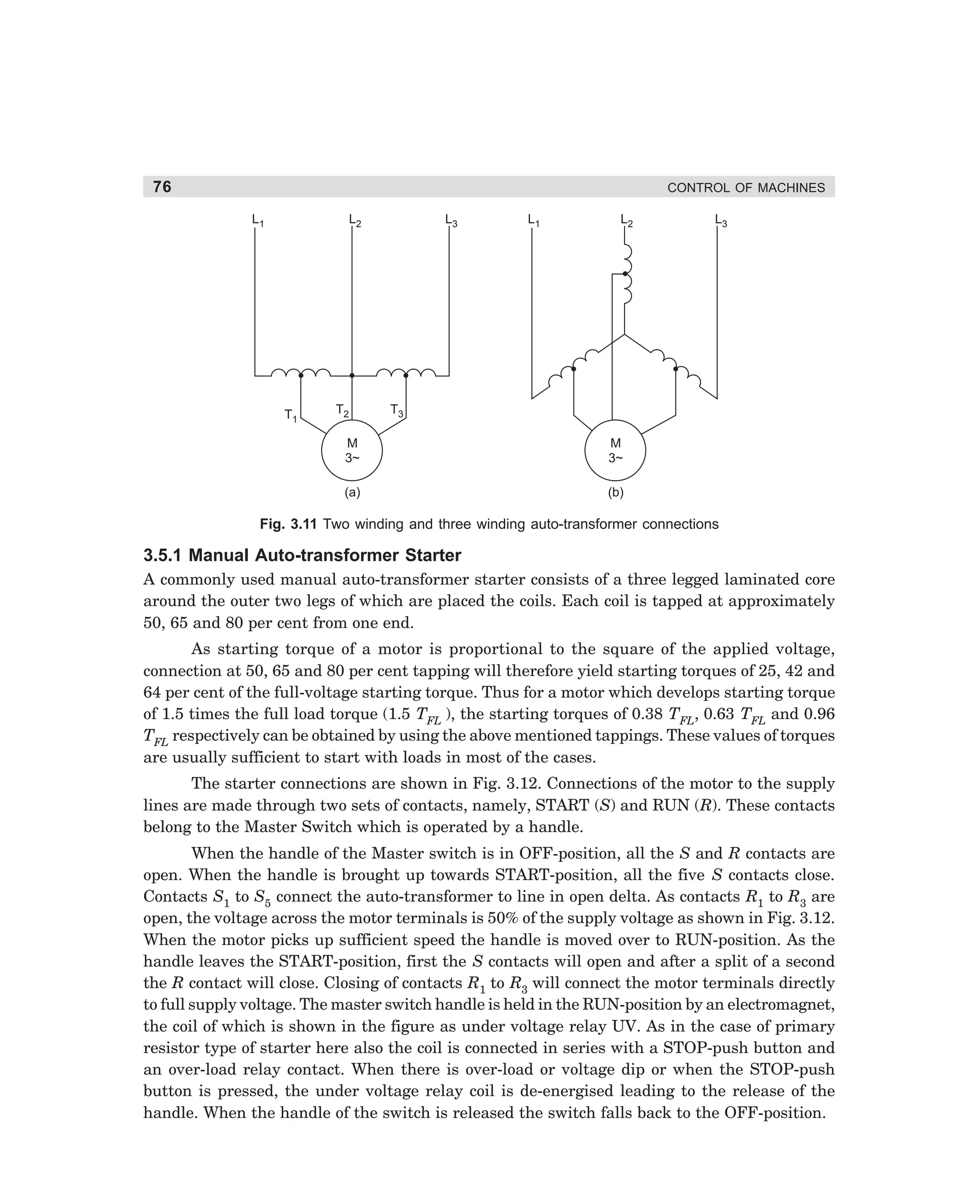 76

CONTROL OF MACHINES

L1

L2

T2

T1

L3

L1

L2

L3

T3

M
3~

M
3~

(a)

(b)

Fig. 3.11 Two winding and three winding auto-transformer connections

3.5.1 Manual Auto-transformer Starter
A commonly used manual auto-transformer starter consists of a three legged laminated core
around the outer two legs of which are placed the coils. Each coil is tapped at approximately
50, 65 and 80 per cent from one end.
As starting torque of a motor is proportional to the square of the applied voltage,
connection at 50, 65 and 80 per cent tapping will therefore yield starting torques of 25, 42 and
64 per cent of the full-voltage starting torque. Thus for a motor which develops starting torque
of 1.5 times the full load torque (1.5 TFL ), the starting torques of 0.38 TFL, 0.63 TFL and 0.96
TFL respectively can be obtained by using the above mentioned tappings. These values of torques
are usually sufficient to start with loads in most of the cases.
The starter connections are shown in Fig. 3.12. Connections of the motor to the supply
lines are made through two sets of contacts, namely, START (S) and RUN (R). These contacts
belong to the Master Switch which is operated by a handle.
When the handle of the Master switch is in OFF-position, all the S and R contacts are
open. When the handle is brought up towards START-position, all the five S contacts close.
Contacts S1 to S5 connect the auto-transformer to line in open delta. As contacts R1 to R3 are
open, the voltage across the motor terminals is 50% of the supply voltage as shown in Fig. 3.12.
When the motor picks up sufficient speed the handle is moved over to RUN-position. As the
handle leaves the START-position, first the S contacts will open and after a split of a second
the R contact will close. Closing of contacts R1 to R3 will connect the motor terminals directly
to full supply voltage. The master switch handle is held in the RUN-position by an electromagnet,
the coil of which is shown in the figure as under voltage relay UV. As in the case of primary
resistor type of starter here also the coil is connected in series with a STOP-push button and
an over-load relay contact. When there is over-load or voltage dip or when the STOP-push
button is pressed, the under voltage relay coil is de-energised leading to the release of the
handle. When the handle of the switch is released the switch falls back to the OFF-position.

dharm
d:N-MachMac3-1.pm5

76

 