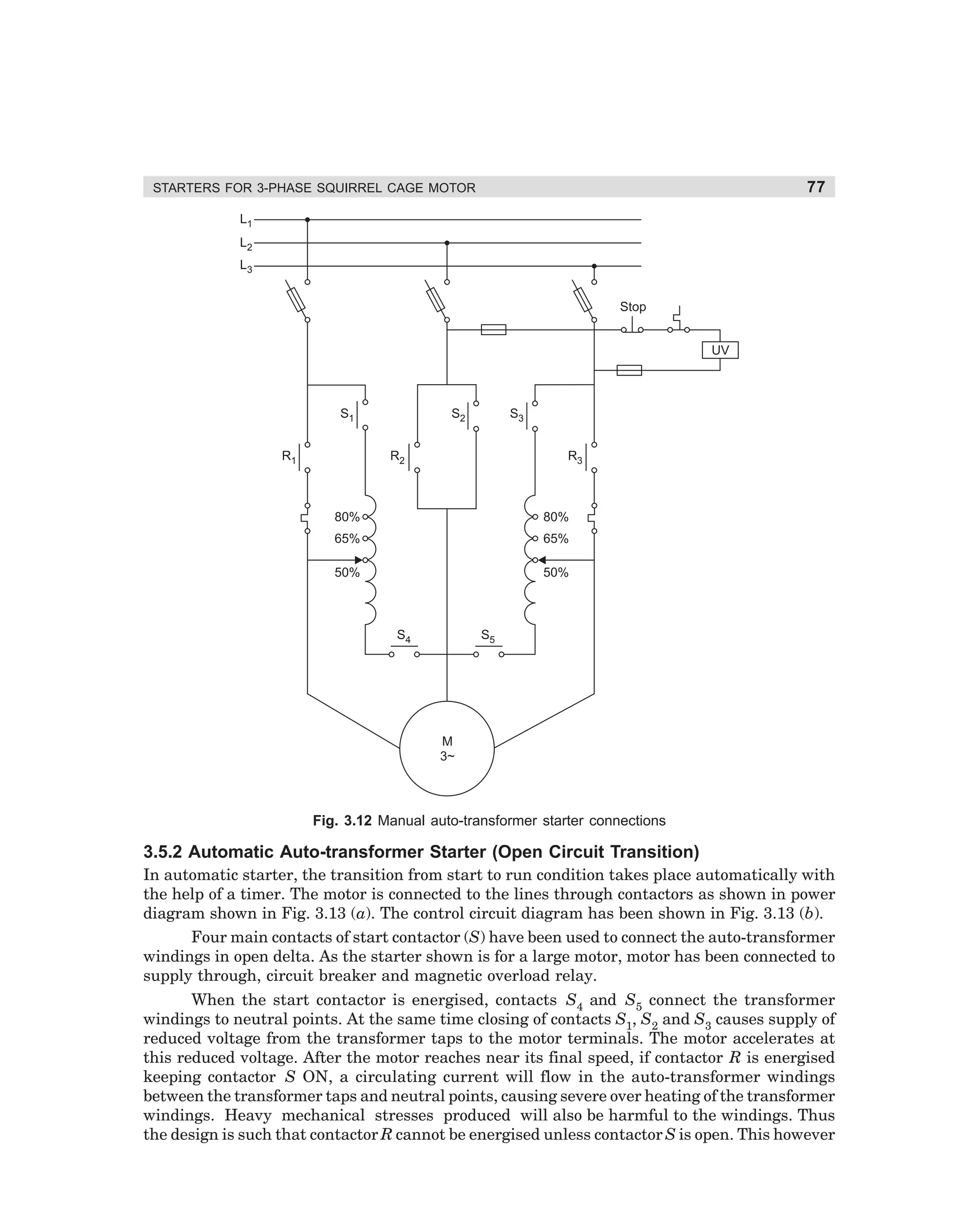 77

STARTERS FOR 3-PHASE SQUIRREL CAGE MOTOR

L1
L2
L3
Stop
UV

S1
R1

S2

S3

R2

R3

80%

80%

65%

65%

50%

50%

S4

S5

M
3~

Fig. 3.12 Manual auto-transformer starter connections

3.5.2 Automatic Auto-transformer Starter (Open Circuit Transition)
In automatic starter, the transition from start to run condition takes place automatically with
the help of a timer. The motor is connected to the lines through contactors as shown in power
diagram shown in Fig. 3.13 (a). The control circuit diagram has been shown in Fig. 3.13 (b).
Four main contacts of start contactor (S) have been used to connect the auto-transformer
windings in open delta. As the starter shown is for a large motor, motor has been connected to
supply through, circuit breaker and magnetic overload relay.
When the start contactor is energised, contacts S4 and S5 connect the transformer
windings to neutral points. At the same time closing of contacts S1, S2 and S3 causes supply of
reduced voltage from the transformer taps to the motor terminals. The motor accelerates at
this reduced voltage. After the motor reaches near its final speed, if contactor R is energised
keeping contactor S ON, a circulating current will flow in the auto-transformer windings
between the transformer taps and neutral points, causing severe over heating of the transformer
windings. Heavy mechanical stresses produced will also be harmful to the windings. Thus
the design is such that contactor R cannot be energised unless contactor S is open. This however

dharm
d:N-MachMac3-1.pm5

77

 