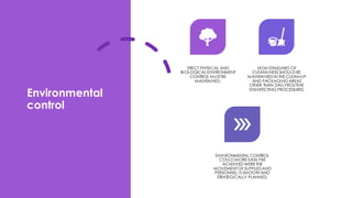 Environmental
control
STRICT PHYSICAL AND
BIOLOGICAL ENVIRONMENT
CONTROL MUSTBE
MAINTAINED.
HIGH STANDARD OF
CLEANLINESS SHOULD BE
MAINTAINED IN THE CLEAN-UP
AND PACKAGINGAREAS
OTHER THAN DAILYROUTINE
DISINFECTING PROCEDURES.
ENVIRONMENTAL CONTROL
COULD MORE EASILYBE
ACHIEVED WERE THE
MOVEMENTOF SUPPLIES AND
PERSONNEL IS SMOOTH AND
STRATEGICALLY PLANNED.
 