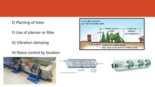 E) Planting of trees
F) Use of silencer or filter
G) Vibration damping
H) Noise control by location
 