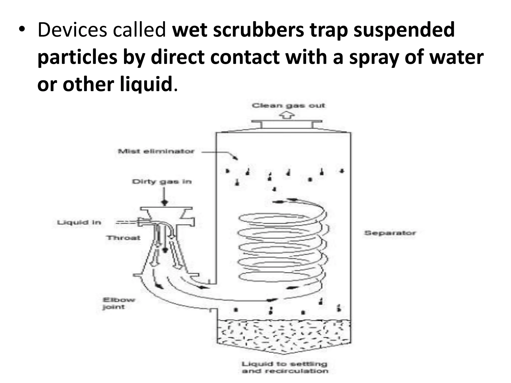 • Devices called wet scrubbers trap suspended
particles by direct contact with a spray of water
or other liquid.
 