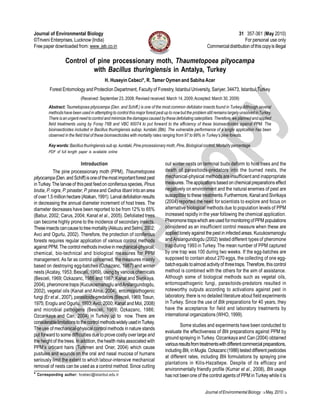 Journal of Environmental Biology                                                                                             31 357-361 (May 2010)
©Triveni Enterprises, Lucknow (India)                                                                                            For personal use only
Free paper downloaded from: www. jeb.co.in                                                                  Commercial distribution of this copy is illegal

                    Control of pine processionary moth, Thaumetopoea pityocampa
                             with Bacillus thuringiensis in Antalya, Turkey
                                             H. Huseyin Cebeci*, R. Tamer Oymen and Sabiha Acer
          Forest Entomology and Protection Department, Faculty of Forestry, Istanbul University, Sariyer, 34473, Istanbul,Turkey
                              (Received: September 23, 2008; Revised received: March 14, 2009; Accepted: March 30, 2009)
          Abstract: Taumetopoea pityocampa (Den. and Schiff.) is one of the most common defoliator insects found in Turkey. Although several
          methods have been used in attempting to control this major forest pest up to now but the problem still remains largely unsolved in Turkey.
          There is an urgent need to control and minimize the damages caused by these defoliating caterpillars. Therefore, we planned and applied
          field treatments using by Foray 76B and VBC 60074 to put forward to the efficiency of these bioinsecticides against PPM. The
          bioinsecticides included in Bacillus thuringiensis subsp. kurstaki (Btk). The vulnerable performance of a single application has been
          observed in the field trial of these bioinsecticides with mortality rates ranging from 97 to 99% in Turkey’s pine forests.

          Key words: Bacillus thuringiensis sub sp. kurstaki, Pine processionary moth, Pine, Biological control, Mortality percentage
          PDF of full length paper is available online

                            Introduction                                          out winter nests on terminal buds deform to host trees and the
            The pine processionary moth (PPM), Thaumetopoea                       death of parasitoids-predators into the burned nests, the
pityocampa (Den. and Schiff) is one of the most important forest pest             mechanical-physical methods are insufficient and inappropriate
in Turkey. The larvae of this pest feed on coniferous species, Pinus              measures. The applications based on chemical preparations effect
brutia, P. nigra, P. pinaster, P. pinea and Cedrus libani into an area            negatively on environment and the natural enemies of pest are
of over 1.5 million hectare (Atakan, 1991). Larval defoliation results            susceptible to these treatments. Furthermore, Kanat and Sivrikaya
in decreasing the annual diameter increment of host trees. The                    (2004) reported the need for scientists to explore and focus on
diameter decreases have been reported to be from 12% to 65%                       alternative biological methods due to population levels of PPM
(Babur, 2002; Carus, 2004; Kanat et al., 2005). Defoliated trees                  increased rapidly in the year following the chemical application.
can become highly prone to the incidence of secondary insects.                    Pheromone traps which are used for monitoring of PPM populations
These insects can cause to tree mortality (Akkuzu and Selmi, 2002;                considered as an insufficient control measure when these are
Avci and Ogurlu, 2002). Therefore, the protection of coniferous                   applied lonely against the pest in infected areas. Kucukosmanoglu
forests requires regular application of various control methods                   and Arslangundogdu (2002) tested different types of pheromone
against PPM. The control methods involve in mechanical-physical,                  trap during 1993 in Turkey. The mean number of PPM captured
chemical, bio-technical and biological measures for PPM                           by one trap was 100 during two weeks. If the egg-batches are
management. As far as control concerned, the measures mainly                      supposed to contain about 270 eggs, the collecting of one egg-
based on destroying egg-batches (Ozkazanc, 1987) and winter                       batch equals to almost activity of three traps. Therefore, this control
nests (Acatay, 1953; Besceli, 1969), using by various chemicals                   method is combined with the others for the aim of assistance.
(Besceli, 1969; Ozkazanc, 1986 and 1987; Kanat and Sivrikaya,                     Although some of biological methods such as vegetal oils,
2004), pheromone traps (Kucukosmanoglu and Arslangundogdu,                        entomopathogenic fungi, parasitoids-predators resulted in
2002), vegetal oils (Kanat and Alma, 2004), entomopathogenic                      noteworthy outputs according to activations against pest in
fungi (Er et al., 2007), parasitoids-predators (Besceli, 1969; Tosun,             laboratory, there is no detailed literature about field experiments
1975; Eroglu and Ogurlu, 1993; Avci, 2000; Kanat and Mol, 2008)                   in Turkey. Since the use of Btk preparations for 40 years, they
and microbial pathogens (Besceli, 1969; Ozkazanc, 1986;                           have the acceptance for field and laboratory treatments by
Ozcankaya and Can, 2004) in Turkey up to now. There are                           international organizations (WHO, 1999).
considerable limitations to the control methods widely used in Turkey.
                                                                                           Some studies and experiments have been conducted to
The use of mechanical-physical control methods in nature stands
                                                                                  evaluate the effectiveness of Btk preparations against PPM by
put forward to some difficulties due to prove costly over large and
                                                                                  ground spraying in Turkey. Ozcankaya and Can (2004) obtained
the height of the trees. In addition, the health risks associated with
                                                                                  various results from treatments with different commercial preparations,
PPM’s urticant hairs (Turkmen and Oner, 2004) which cause
                                                                                  including Btk, in Mugla. Ozkazanc (1986) tested different pesticides
pustules and wounds on the oral and nasal mucosa of humans
                                                                                  at different rates, including Btk formulations by spraying pine
seriously limit the extent to which labour-intensive mechanical
                                                                                  plantations in Kilis-Hazaltepe. Despite of its efficacy and
removal of nests can be used as a control method. Since cutting
                                                                                  environmentally friendly profile (Kumar et al., 2008), Btk usage
*   Corresponding author: hcebeci@istanbul.edu.tr                                 has not been one of the control agents of PPM in Turkey while it is


                                                                                                           Journal of Environmental Biology     May, 2010
 