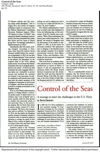 Reproduced with permission of the copyright owner. Further reproduction prohibited without permission.
Control of the Seas
Cropsey, Seth
The Weekly Standard; Jan 27, 2014; 19, 19; Alt-PressWatch
pg. 26
 