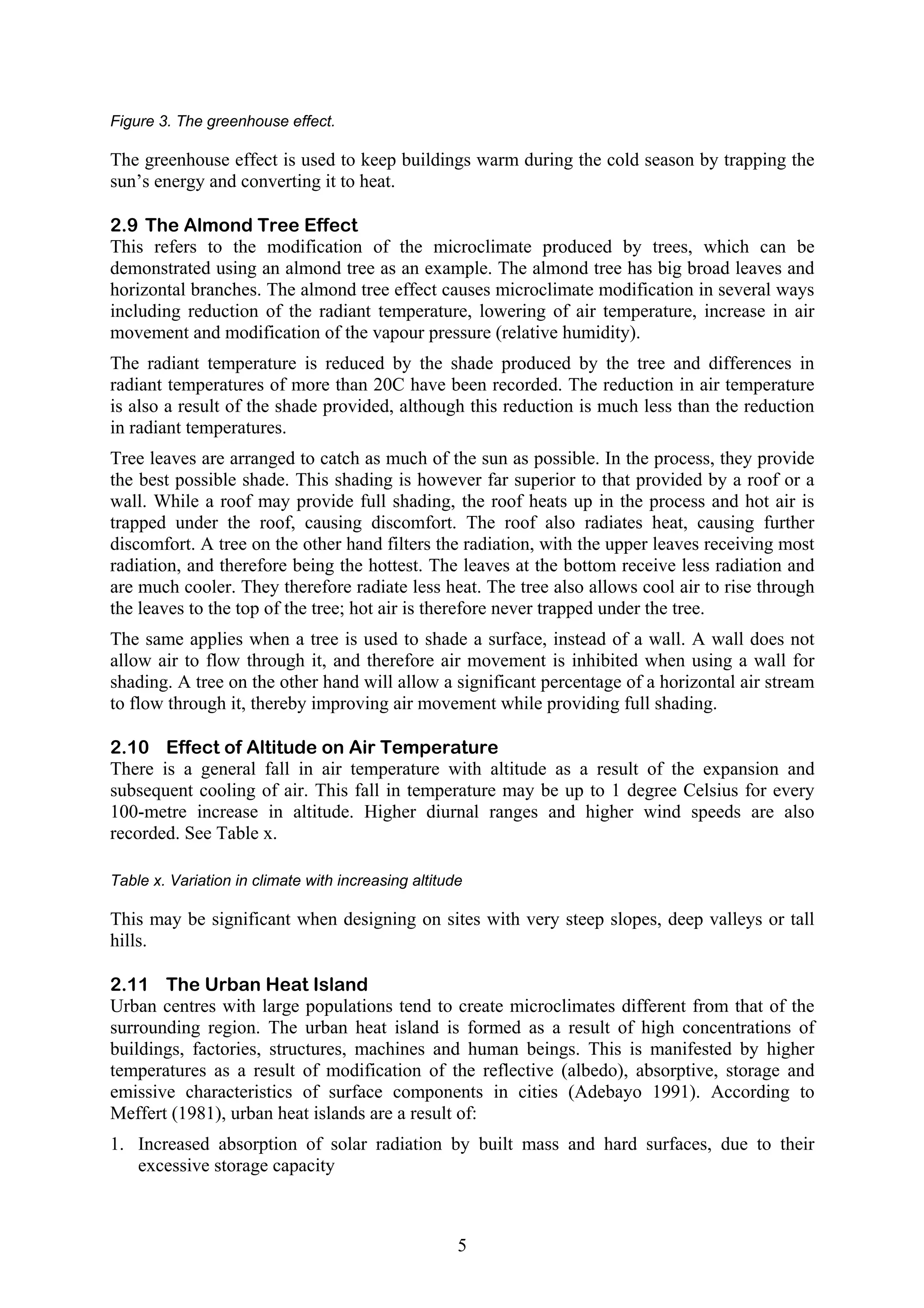 Figure 3. The greenhouse effect. 
The greenhouse effect is used to keep buildings warm during the cold season by trapping the 
sun’s energy and converting it to heat. 
2.9 The Almond Tree Effect 
This refers to the modification of the microclimate produced by trees, which can be 
demonstrated using an almond tree as an example. The almond tree has big broad leaves and 
horizontal branches. The almond tree effect causes microclimate modification in several ways 
including reduction of the radiant temperature, lowering of air temperature, increase in air 
movement and modification of the vapour pressure (relative humidity). 
The radiant temperature is reduced by the shade produced by the tree and differences in 
radiant temperatures of more than 20C have been recorded. The reduction in air temperature 
is also a result of the shade provided, although this reduction is much less than the reduction 
in radiant temperatures. 
Tree leaves are arranged to catch as much of the sun as possible. In the process, they provide 
the best possible shade. This shading is however far superior to that provided by a roof or a 
wall. While a roof may provide full shading, the roof heats up in the process and hot air is 
trapped under the roof, causing discomfort. The roof also radiates heat, causing further 
discomfort. A tree on the other hand filters the radiation, with the upper leaves receiving most 
radiation, and therefore being the hottest. The leaves at the bottom receive less radiation and 
are much cooler. They therefore radiate less heat. The tree also allows cool air to rise through 
the leaves to the top of the tree; hot air is therefore never trapped under the tree. 
The same applies when a tree is used to shade a surface, instead of a wall. A wall does not 
allow air to flow through it, and therefore air movement is inhibited when using a wall for 
shading. A tree on the other hand will allow a significant percentage of a horizontal air stream 
to flow through it, thereby improving air movement while providing full shading. 
2.10 Effect of Altitude on Air Temperature 
There is a general fall in air temperature with altitude as a result of the expansion and 
subsequent cooling of air. This fall in temperature may be up to 1 degree Celsius for every 
100-metre increase in altitude. Higher diurnal ranges and higher wind speeds are also 
recorded. See Table x. 
Table x. Variation in climate with increasing altitude 
This may be significant when designing on sites with very steep slopes, deep valleys or tall 
hills. 
2.11 The Urban Heat Island 
Urban centres with large populations tend to create microclimates different from that of the 
surrounding region. The urban heat island is formed as a result of high concentrations of 
buildings, factories, structures, machines and human beings. This is manifested by higher 
temperatures as a result of modification of the reflective (albedo), absorptive, storage and 
emissive characteristics of surface components in cities (Adebayo 1991). According to 
Meffert (1981), urban heat islands are a result of: 
1. Increased absorption of solar radiation by built mass and hard surfaces, due to their 
5 
excessive storage capacity 
 