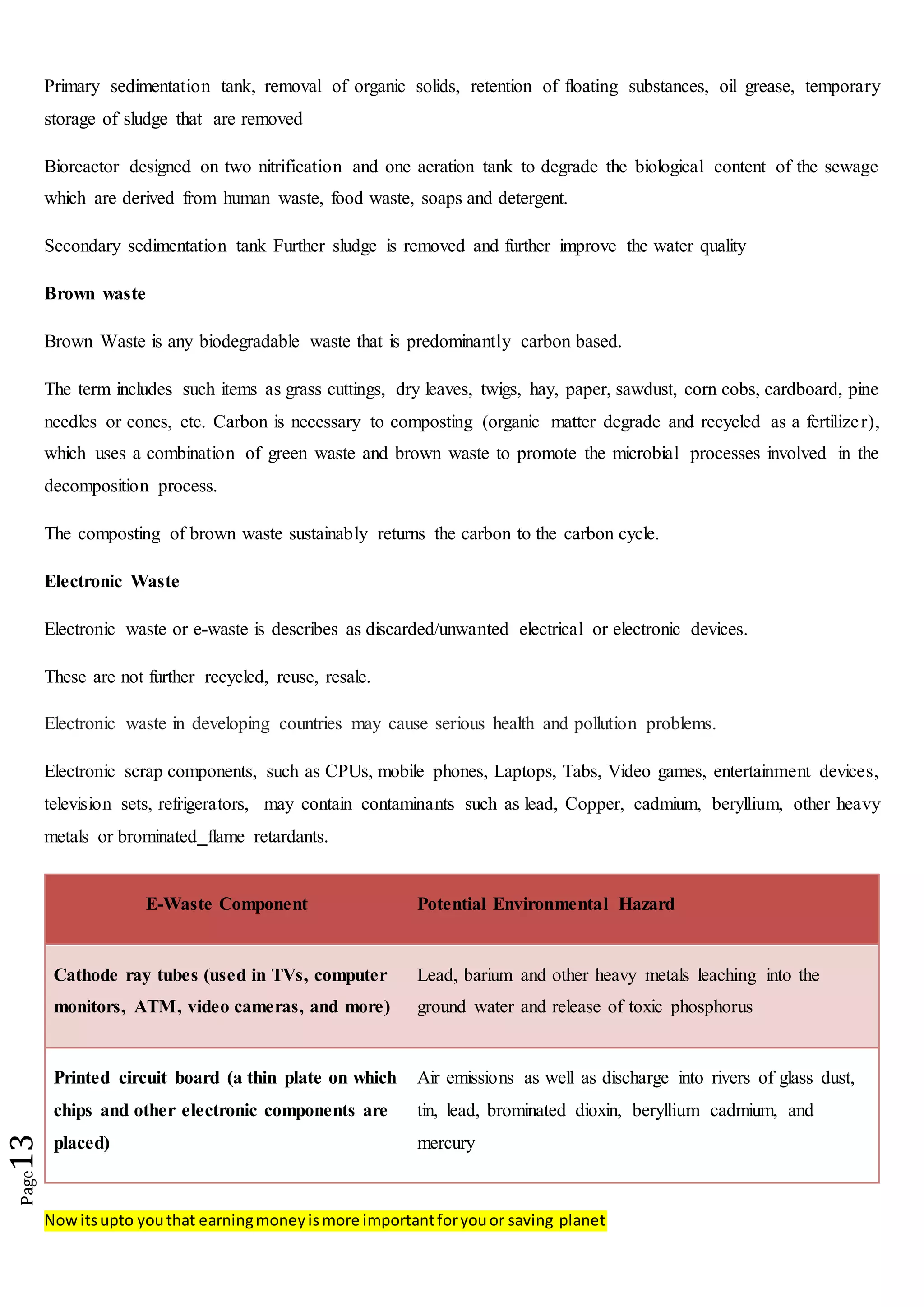 Nowitsupto youthat earningmoneyismore importantforyouor saving planet
Page13
Primary sedimentation tank, removal of organic solids, retention of floating substances, oil grease, temporary
storage of sludge that are removed
Bioreactor designed on two nitrification and one aeration tank to degrade the biological content of the sewage
which are derived from human waste, food waste, soaps and detergent.
Secondary sedimentation tank Further sludge is removed and further improve the water quality
Brown waste
Brown Waste is any biodegradable waste that is predominantly carbon based.
The term includes such items as grass cuttings, dry leaves, twigs, hay, paper, sawdust, corn cobs, cardboard, pine
needles or cones, etc. Carbon is necessary to composting (organic matter degrade and recycled as a fertilizer),
which uses a combination of green waste and brown waste to promote the microbial processes involved in the
decomposition process.
The composting of brown waste sustainably returns the carbon to the carbon cycle.
Electronic Waste
Electronic waste or e-waste is describes as discarded/unwanted electrical or electronic devices.
These are not further recycled, reuse, resale.
Electronic waste in developing countries may cause serious health and pollution problems.
Electronic scrap components, such as CPUs, mobile phones, Laptops, Tabs, Video games, entertainment devices,
television sets, refrigerators, may contain contaminants such as lead, Copper, cadmium, beryllium, other heavy
metals or brominated flame retardants.
E-Waste Component Potential Environmental Hazard
Cathode ray tubes (used in TVs, computer
monitors, ATM, video cameras, and more)
Lead, barium and other heavy metals leaching into the
ground water and release of toxic phosphorus
Printed circuit board (a thin plate on which
chips and other electronic components are
placed)
Air emissions as well as discharge into rivers of glass dust,
tin, lead, brominated dioxin, beryllium cadmium, and
mercury
 