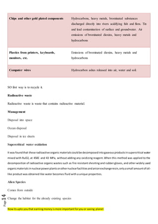 Nowitsupto youthat earningmoneyismore importantforyouor saving planet
Page14
Chips and other gold plated components Hydrocarbons, heavy metals, brominated substances
discharged directly into rivers acidifying fish and flora. Tin
and lead contamination of surface and groundwater. Air
emissions of brominated dioxins, heavy metals and
hydrocarbons
Plastics from printers, keyboards,
monitors, etc.
Emissions of brominated dioxins, heavy metals and
hydrocarbons
Computer wires Hydrocarbon ashes released into air, water and soil.
SO first way is to recycle it.
Radioactive waste
Radioactive waste is waste that contains radioactive material.
Management
Disposal into space
Ocean disposal
Disposal in ice sheets
Supercritical water oxidation
It was foundthat these radioactive organic materialscouldbe decomposedintogaseousproductsinsupercritical water
mixed with RuO2, at 450C and 43 MPa, without adding any oxidizing reagent.When this method was applied to the
decomposition of radioactive organic wastes such as fire resistant sheeting and rubber gloves, and other widely used
organicmaterialsinnuclearpowerplantsorothernuclearfacilitiesandanionexchangeresin,onlyasmall amountof oil-
like product was obtained like water becomes fluid with a unique properties.
Alien Species
Comes from outside
Change the habitat for the already existing species
 