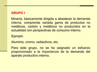 GRUPO I
Minería, básicamente dirigida a abastecer la demanda
interna, comprende variada gama de productos no
metálicos, carbón y metálicos no producidos en la
actualidad con perspectivas de consumo interno.
Ejemplo
Aluminio, cromo, radiactivos, etc.
Para este grupo, no se ha asignado un esfuerzo
proporcionado a la importancia de la demanda del
aparato productivo interno.
 
