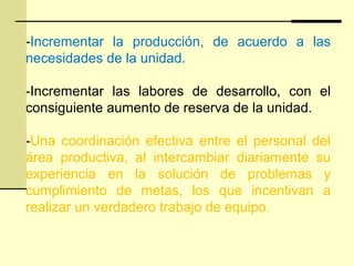 -Incrementar la producción, de acuerdo a las
necesidades de la unidad.
-Incrementar las labores de desarrollo, con el
consiguiente aumento de reserva de la unidad.
-Una coordinación efectiva entre el personal del
área productiva, al intercambiar diariamente su
experiencia en la solución de problemas y
cumplimiento de metas, los que incentivan a
realizar un verdadero trabajo de equipo.
 