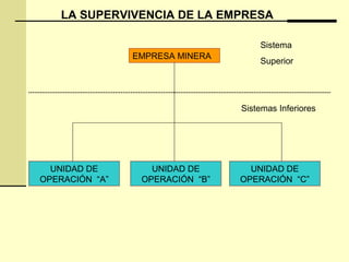 LA SUPERVIVENCIA DE LA EMPRESA
EMPRESA MINERA
UNIDAD DE
OPERACIÓN “A”
UNIDAD DE
OPERACIÓN “B”
UNIDAD DE
OPERACIÓN “C”
Sistema
Superior
Sistemas Inferiores
 