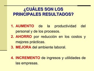 ¿CUÁLES SON LOS¿CUÁLES SON LOS
PRINCIPALES RESULTADOS?PRINCIPALES RESULTADOS?
1. AUMENTO de la productividad del
personal y de los procesos.
2. AHORRO por reducción en los costos y
mejores prácticas.
3. MEJORA del ambiente laboral.
4. INCREMENTO de ingresos y utilidades de
las empresas.
 