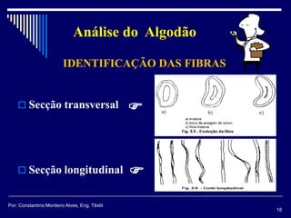  Secção transversal
 Secção longitudinal
IDENTIFICAÇÃO DAS FIBRAS


18
Por: Constantino Monteiro Alves, Eng. Têxtil
Análise do Algodão
 
