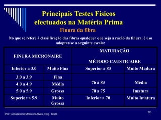 FINURA MICRONAIRE
MATURAÇÃO
MÉTODO CAUSTICAIRE
Inferior a 3.0 Muito Fina Superior a 83 Muito Madura
3.0 a 3.9 Fina
76 a 83 Média4.0 a 4.9 Média
5.0 a 5.9 Grossa 70 a 75 Imatura
Superior a 5.9 Muito
Grossa
Inferior a 70 Muito Imatura
Finura da fibra
32
Por: Constantino Monteiro Alves, Eng. Têxtil
Principais Testes Físicos
efectuados na Matéria Prima
No que se refere à classificação das fibras qualquer que seja a razão da finura, é uso
adoptar-se a seguinte escala:
 