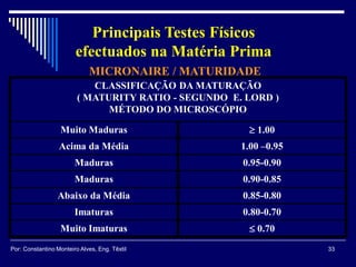 CLASSIFICAÇÃO DA MATURAÇÃO
( MATURITY RATIO - SEGUNDO E. LORD )
MÉTODO DO MICROSCÓPIO
Muito Maduras  1.00
Acima da Média 1.00 –0.95
Maduras 0.95-0.90
Maduras 0.90-0.85
Abaixo da Média 0.85-0.80
Imaturas 0.80-0.70
Muito Imaturas  0.70
MICRONAIRE / MATURIDADE
33Por: Constantino Monteiro Alves, Eng. Têxtil
Principais Testes Físicos
efectuados na Matéria Prima
 