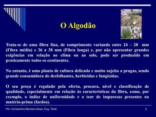 O Algodão
Trata-se de uma fibra fina, de comprimento variando entre 24 – 28 mm
(Fibra média) e 36 a 38 mm (Fibra longa) e, por não apresentar grandes
exigências em relação ao clima ou ao solo, pode ser produzido em
praticamente todos os continentes.
No entanto, é uma planta de cultura delicada e muito sujeita a pragas, sendo
grande consumidora de desfolhantes, herbicidas e fungicidas.
O seu preço é regulado pela oferta, procura, nível e classificação de
qualidade, especialmente em relação às características da fibra, como, por
exemplo, o índice de uniformidade e o teor de impurezas presentes na
matéria-prima (fardos).
5Por: Constantino Monteiro Alves, Eng. Têxtil
 