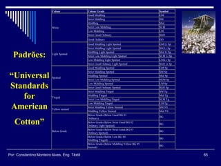 Padrões:
“Universal
Standards
for
American
Cotton”
Colour Colour Grade Symbol
Good Middling GM
Strict Middling SM
Middling Mid
Strict Low Middling SLM
Low Middling LM
Strict Good Ordinary SGO
White
Good Ordinary GO
Good Middling Light Spotted GM Lt Sp
Strict Middling Light Spotted SM Lt Sp
Middling Light Spotted Mid Lt Sp
Strict Low Middling Light Spotted SLM Lt Sp
Low Middling Light Spotted LM Lt Sp
Light Spotted
Strict Good Ordinary Light Spotted SGO Lt Sp
Good Middling Spotted GM Sp
Strict Middling Spotted SM Sp
Middling Spotted Mid Sp
Strict Low Middling Spotted SGM Sp
Low Middling Spotted LM Sp
Spotted
Strict Good Ordinary Spotted SGO Sp
Strict Middling Tinged SM Tg
Middling Tinged Mid Tg
Strict Low Middling Tinged SLM Tg
Tinged
Low Middling Tinged LM Tg
Strict Middling Yellow Stained SM YS
Yellow stained
Middling Yellow Stained Mid YS
Below Grade-(Below Good BG 81
Ordinary)
BG
Below Grade-(Below Strict Good BG 82
Ordinary Light Spotted)
BG
Below Grade-(Below Strict Good BG 83
Ordinary Spotted).
BG
Below Grade-(Below Low BG 84
Middling Tinged)
BG
Below Grade
Below Grade-(Below Middling Yellow BG 85
Stained)
BG
65Por: Constantino Monteiro Alves, Eng. Têxtil
 