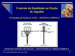 ANGULO E TENSÃO DE FIAÇÃO – CONVENCIONAL VERSUS COMPACT
75Por: Constantino Monteiro Alves, Eng. Têxtil
Controle da Qualidade na Fiação
de Algodão
O Principio da Fiação de ANEL – SISTEMA COMPACT
 