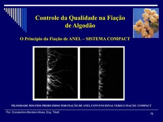 PILOSIDADE DOS FIOS PRODUZIDSO POR FIAÇÃO DE ANEL CONVENCIONAL VERSUS FIAÇÃO COMPACT
76
Por: Constantino Monteiro Alves, Eng. Têxtil
Controle da Qualidade na Fiação
de Algodão
O Principio da Fiação de ANEL – SISTEMA COMPACT
 