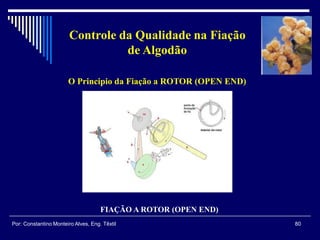 FIAÇÃO A ROTOR (OPEN END)
80Por: Constantino Monteiro Alves, Eng. Têxtil
Controle da Qualidade na Fiação
de Algodão
O Principio da Fiação a ROTOR (OPEN END)
 