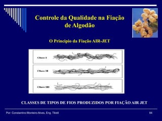 CLASSES DE TIPOS DE FIOS PRODUZIDOS POR FIAÇÃO AIR JET
84Por: Constantino Monteiro Alves, Eng. Têxtil
Controle da Qualidade na Fiação
de Algodão
O Principio da Fiação AIR-JET
 