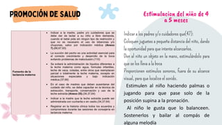 Indicar a los padres y/o cuidadores que(47):
Coloquen juguetes a pequeña distancia del niño, dando
la oportunidad para que intente alcanzarlos.
Den al niño un objeto en la mano, estimulándolo para
que se los lleva a la boca
Proporcionen estímulos sonoros, fuera de su alcance
visual, para que localice el sonido.
Estimulen al niño haciendo palmas o
jugando para que pase solo de la
posición supina a la pronación.
Al niño le gusta que lo balanceen.
Sostenerlos y bailar al compás de
alguna melodía
Estimulacion del niño de 4
a 5 meses
 