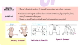 • Descartarlaluxacióncongénitadecaderas:observesipresentaasimetríadelosplieguesinguinales,glúteosy
muslosy/oacortamientodealgunapierna.
• Descartarlossignosdeluxacióncongénitadecadera.(referiraespecialistaencasopositivo)
• Observarlaalineacióndelacolumnaylasimetríadelasextremidadestantoenfuerzaymovimiento
Signo de Galeazzi
Limitación de abducción
Barlow y Ortorlani
 