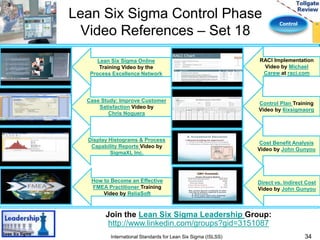 Control 
Lean Six Sigma Control Phase 
Video References – Set 18 
34 
Lean Six Sigma Online 
Training Video by the 
Process Excellence Network 
Case Study: Improve Customer 
Satisfaction Video by 
Chris Noguera 
Display Histograms & Process 
Capability Reports Video by 
SigmaXL Inc. 
How to Become an Effective 
FMEA Practitioner Training 
Video by ReliaSoft 
Join the Lean Six Sigma Leadership Group: 
http://www.linkedin.com/groups?gid=3151087 
International Standards for Lean Six Sigma (ISLSS) 
RACI Implementation 
Video by Michael 
Carew at raci.com 
Control Plan Training 
Video by 6ixsigmaorg 
Cost Benefit Analysis 
Video by John Gunyou 
Direct vs. Indirect Cost 
Video by John Gunyou 
 