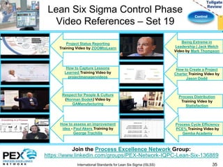 Control 
Lean Six Sigma Control Phase 
Video References – Set 19 
35 
Project Status Reporting 
Training Video by ZOOMtoLearn 
How to Capture Lessons 
Learned Training Video by 
projectmanagervideos 
Respect for People & Culture 
(Norman Bodek) Video by 
GAManufacturing 
How to assess an improvement 
idea - Paul Akers Training by 
George Trachilis 
Join the Process Excellence Network Group: 
https://www.linkedin.com/groups/PEX-Network-IQPC-Lean-Six-136889 
International Standards for Lean Six Sigma (ISLSS) 
Being Extreme in 
Leadership | Jack Welch 
Video by Mark Thompson 
How to Create a Project 
Charter Training Video by 
Jason Dodd 
Process Distribution 
Training Video by 
Statisfaction 
Process Cycle Efficiency 
PCE% Training Video by 
Gemba Academy 
 