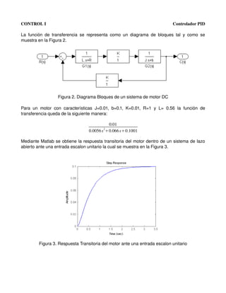 CONTROL I                                                                                   Controlador PID

La   función   de   transferencia   se   representa   como   un   diagrama   de   bloques   tal   y   como   se 
muestra en la Figura 2.




                      Figura 2. Diagrama Bloques de un sistema de motor DC

Para   un   motor   con   características   J=0.01,   b=0.1,   K=0.01,   R=1   y   L=   0.56   la   función   de 
transferencia queda de la siguiente manera:

                                                   0.01
                                                  2
                                         0.0056 s 0.066 s0.1001

Mediante Matlab se obtiene la respuesta transitoria del motor dentro de un sistema de lazo 
abierto ante una entrada escalon unitario la cual se muestra en la Figura 3.




           Figura 3. Respuesta Transitoria del motor ante una entrada escalon unitario
 