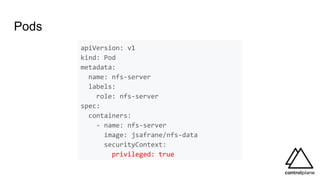 Pods
apiVersion: v1
kind: Pod
metadata:
name: nfs-server
labels:
role: nfs-server
spec:
containers:
- name: nfs-server
image: jsafrane/nfs-data
securityContext:
privileged: true
 