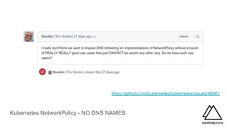 Kubernetes NetworkPolicy - NO DNS NAMES
https://github.com/kubernetes/kubernetes/issues/56901
 