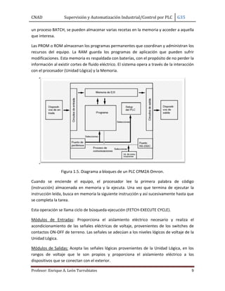 CNAD Supervisión y Automatización Industrial/Control por PLC G35
Profesor: Enrique A. León Turrubiates 9
un proceso BATCH, se pueden almacenar varias recetas en la memoria y acceder a aquella
que interesa.
Las PROM o ROM almacenan los programas permanentes que coordinan y administran los
recursos del equipo. La RAM guarda los programas de aplicación que pueden sufrir
modificaciones. Esta memoria es respaldada con baterías, con el propósito de no perder la
información al existir cortes de fluido eléctrico. El sistema opera a través de la interacción
con el procesador (Unidad Lógica) y la Memoria.
Figura 1.5. Diagrama a bloques de un PLC CPM2A Omron.
Cuando se enciende el equipo, el procesador lee la primera palabra de código
(instrucción) almacenada en memoria y la ejecuta. Una vez que termina de ejecutar la
instrucción leída, busca en memoria la siguiente instrucción y así sucesivamente hasta que
se completa la tarea.
Esta operación se llama ciclo de búsqueda-ejecución (FETCH-EXECUTE CYCLE).
Módulos de Entradas: Proporciona el aislamiento eléctrico necesario y realiza el
acondicionamiento de las señales eléctricas de voltaje, provenientes de los switches de
contactos ON-OFF de terreno. Las señales se adecúan a los niveles lógicos de voltaje de la
Unidad Lógica.
Módulos de Salidas: Acepta las señales lógicas provenientes de la Unidad Lógica, en los
rangos de voltaje que le son propios y proporciona el aislamiento eléctrico a los
dispositivos que se conectan con el exterior.
 