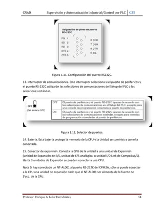 CNAD Supervisión y Automatización Industrial/Control por PLC G35
Profesor: Enrique A. León Turrubiates 14
Figura 1.11. Configuración del puerto RS232C.
13. Interruptor de comunicaciones. Este interruptor selecciona si el puerto de periféricos y
el puerto RS-232C utilizarán las selecciones de comunicaciones del Setup del PLC o las
selecciones estándar.
Figura 1.12. Selector de puertos.
14. Batería. Esta batería protege la memoria de la CPU y la Unidad se suministra con ella
conectada.
15. Conector de expansión. Conecta la CPU de la unidad a una unidad de Expansión
(unidad de Expansión de E/S, unidad de E/S analógica, o unidad I/O Link de CompoBus/S).
Hasta 3 unidades de Expansión se pueden conectar a una CPU.
Nota Si hay conectado un NT-AL001 al puerto RS-232C del CPM2A, sólo se puede conectar
a la CPU una unidad de expansión dado que el NT-AL001 ser alimenta de la fuente de
5Vcd. de la CPU.
 