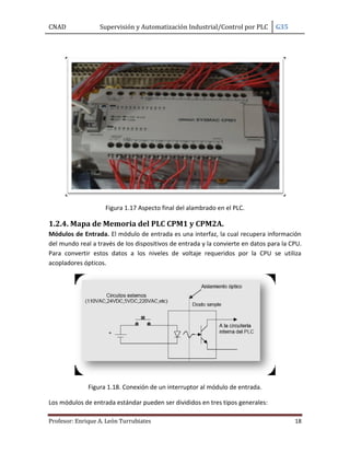CNAD Supervisión y Automatización Industrial/Control por PLC G35
Profesor: Enrique A. León Turrubiates 18
Figura 1.17 Aspecto final del alambrado en el PLC.
1.2.4. Mapa de Memoria del PLC CPM1 y CPM2A.
Módulos de Entrada. El módulo de entrada es una interfaz, la cual recupera información
del mundo real a través de los dispositivos de entrada y la convierte en datos para la CPU.
Para convertir estos datos a los niveles de voltaje requeridos por la CPU se utiliza
acopladores ópticos.
Figura 1.18. Conexión de un interruptor al módulo de entrada.
Los módulos de entrada estándar pueden ser divididos en tres tipos generales:
 