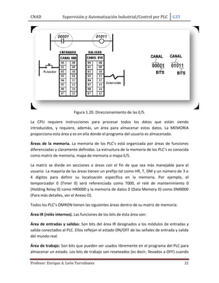 CNAD Supervisión y Automatización Industrial/Control por PLC G35
Profesor: Enrique A. León Turrubiates 21
Figura 1.20. Direccionamiento de las E/S.
La CPU requiere instrucciones para procesar todos los datos que están siendo
introducidos, y requiere, además, un área para almacenar estos datos. La MEMORIA
proporciona esta área y es en ella donde el programa del usuario es almacenado.
Áreas de la memoria. La memoria de los PLC’s está organizada por áreas de funciones
diferenciadas y claramente definidas. La estructura de la memoria de los PLC’s es conocida
como matriz de memoria, mapa de memoria o mapa E/S.
La matriz se divide en secciones o áreas con el fin de que sea más manejable para el
usuario. La mayoría de las áreas tienen un prefijo tal como HR, T, DM y un número de 3 o
4 dígitos para definir su localización específica en la memoria. Por ejemplo, el
temporizador 0 (Timer 0) será referenciado como T000, el relé de mantenimiento 0
(Holding Relay 0) como HR0000 y la memoria de datos 0 (Data Memory 0) como DM0000
(Para más detalles, ver el Anexo D).
Todos los PLC’s OMRON tienen las siguientes áreas dentro de su matriz de memoria:
Área IR (relés internos). Las funciones de los bits de ésta área son:
Área de entradas y salidas: Son bits del área IR designados a los módulos de entradas y
salida conectados al PLC. Ellos reflejan el estado ON/OFF de las señales de entrada y salida
del mundo real.
Área de trabajo: Son bits que pueden ser usados libremente en el programa del PLC para
almacenar un estado. Los bits de trabajo son reseteados (es decir, llevados a OFF) cuando
 