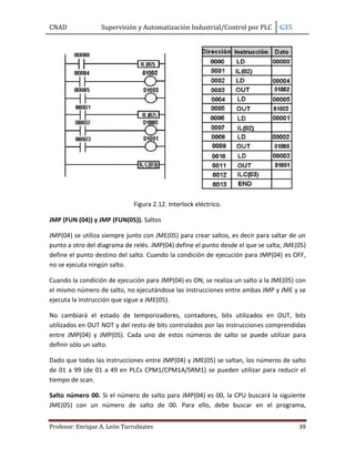 CNAD Supervisión y Automatización Industrial/Control por PLC G35
Profesor: Enrique A. León Turrubiates 39
Figura 2.12. Interlock eléctrico.
JMP (FUN (04)) y JMP (FUN(05)). Saltos
JMP(04) se utiliza siempre junto con JME(05) para crear saltos, es decir para saltar de un
punto a otro del diagrama de relés. JMP(04) define el punto desde el que se salta; JME(05)
define el punto destino del salto. Cuando la condición de ejecución para JMP(04) es OFF,
no se ejecuta ningún salto.
Cuando la condición de ejecución para JMP(04) es ON, se realiza un salto a la JME(05) con
el mismo número de salto, no ejecutándose las instrucciones entre ambas JMP y JME y se
ejecuta la instrucción que sigue a JME(05).
No cambiará el estado de temporizadores, contadores, bits utilizados en OUT, bits
utilizados en OUT NOT y del resto de bits controlados por las instrucciones comprendidas
entre JMP(04) y JMP(05). Cada uno de estos números de salto se puede utilizar para
definir sólo un salto.
Dado que todas las instrucciones entre JMP(04) y JME(05) se saltan, los números de salto
de 01 a 99 (de 01 a 49 en PLCs CPM1/CPM1A/SRM1) se pueden utilizar para reducir el
tiempo de scan.
Salto número 00. Si el número de salto para JMP(04) es 00, la CPU buscará la siguiente
JME(05) con un número de salto de 00. Para ello, debe buscar en el programa,
 