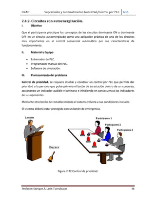 CNAD Supervisión y Automatización Industrial/Control por PLC G35
Profesor: Enrique A. León Turrubiates 48
2.4.2. Circuitos con autoenergización.
I. Objetivo
Que el participante practique los conceptos de los circuitos dominante ON y dominante
OFF en un circuito autoenergizado como una aplicación práctica de uno de los circuitos
más importantes en el control secuencial automático por sus características de
funcionamiento.
II. Material y Equipo
 Entrenador de PLC.
 Programador manual del PLC.
 Software de simulación.
III. Planteamiento del problema
Control de prioridad. Se requiere diseñar y construir un control por PLC que permita dar
prioridad a la persona que pulse primero el botón de su estación dentro de un concurso,
accionando un indicador audible y luminoso e inhibiendo en consecuencia los indicadores
de sus oponentes.
Mediante otro botón de restablecimiento el sistema volverá a sus condiciones iniciales.
El sistema deberá estar protegido con un botón de emergencia.
Figura 2.22 Control de prioridad.
 