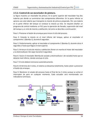 CNAD Supervisión y Automatización Industrial/Control por PLC G35
Profesor: Enrique A. León Turrubiates 58
2.5.2. Control de un mezclador de pintura.
La figura muestra un mezclador de pintura. En la parte superior del mezclador hay dos
tuberías por donde se suministran dos componentes diferentes. En la parte inferior se
aprecia una sola tubería que transporta la mezcla de pintura preparada. Por una tubería
en la parte inferior del tanque se conduce la mezcla ya lista. Se requiere diseñar un
programa de control mediante un PLC para la operación de llenado, supervisión del nivel
del tanque y un ciclo de mezcla y calefacción, tal como se describe a continuación:
Paso 1: Presionar el botón de arranque para iniciar el ciclo del proceso.
Paso 2: Estando la mezcla en el nivel inferior del tanque, aplicar al mezclador el
componente 1 (Bomba 1), durante 6 segundos.
Paso 3: Posteriormente, aplicar al mezclador el componente 2 (Bomba 2), durante otros 4
segundos o hasta que llegue al nivel superior.
Paso 5: Arrancar el ciclo de mezcla y calefacción (Poner en marcha el motor del mezclador
y la electroválvula 2 de vapor durante 6 segundos).
Paso 6: Vaciar el mezclador (Bomba de vaciado y electroválvula 1 de vaciado) hasta que se
detecte nivel inferior, donde concluye el ciclo.
Paso 7: El ciclo deberá reiniciarse automáticamente.
Paso 8: Al término de 3 ciclos, el sistema se desactiva totalmente, hasta volver a presionar
el botón de arranque.
Paso 9: Mantener el estado del proceso hasta el final de los 3 ciclos aunque se active el
interruptor de paro en cualquier momento. Cada actuador será monitoreado con
indicadores luminosos.
 