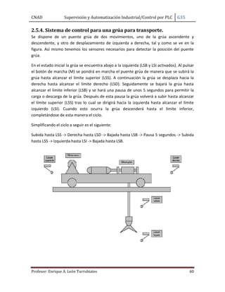 CNAD Supervisión y Automatización Industrial/Control por PLC G35
Profesor: Enrique A. León Turrubiates 60
2.5.4. Sistema de control para una grúa para transporte.
Se dispone de un puente grúa de dos movimientos, uno de la grúa ascendente y
descendente, y otro de desplazamiento de izquierda a derecha, tal y como se ve en la
figura. Así mismo tenemos los sensores necesarios para detectar la posición del puente
grúa.
En el estado inicial la grúa se encuentra abajo a la izquierda (LSB y LSI activados). Al pulsar
el botón de marcha (M) se pondrá en marcha el puente grúa de manera que se subirá la
grúa hasta alcanzar el límite superior (LSS). A continuación la grúa se desplaza hacia la
derecha hasta alcanzar el límite derecho (LSD). Seguidamente se bajará la grúa hasta
alcanzar el límite inferior (LSB) y se hará una pausa de unos 5 segundos para permitir la
carga o descarga de la grúa. Después de esta pausa la grúa volverá a subir hasta alcanzar
el límite superior (LSS) tras lo cual se dirigirá hacia la izquierda hasta alcanzar el límite
izquierdo (LSI). Cuando esto ocurra la grúa descenderá hasta el límite inferior,
completándose de esta manera el ciclo.
Simplificando el ciclo a seguir es el siguiente:
Subida hasta LSS -> Derecha hasta LSD -> Bajada hasta LSB -> Pausa 5 segundos -> Subida
hasta LSS -> Izquierda hasta LSI -> Bajada hasta LSB.
 