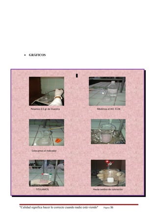 Pesamos 0.5 gr de muestra Medimos el HCl 0.1N
Colocamos el indicador
TITULAMOS Hasta cambio de coloración
• GRÁFICOS
"Calidad significa hacer lo correcto cuando nadie está viendo" Página 36
 