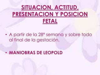 SITUACION, ACTITUD, PRESENTACION Y POSICION FETALA partir de la 28ª semana y sobre todo al final de la gestación.MANIOBRAS DE LEOPOLD