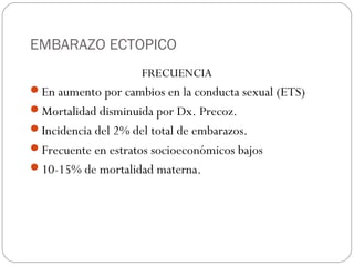 EMBARAZO ECTOPICO
FRECUENCIA
En aumento por cambios en la conducta sexual (ETS)
Mortalidad disminuida por Dx. Precoz.
Incidencia del 2% del total de embarazos.
Frecuente en estratos socioeconómicos bajos
10-15% de mortalidad materna.
 