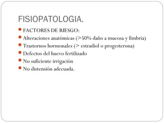 FISIOPATOLOGIA.
FACTORES DE RIESGO:
Alteraciones anatómicas (>50% daño a mucosa y fimbria)
Trastornos hormonales (> estradiol o progesterona)
Defectos del huevo fertilizado
No suficiente irrigación
No distensión adecuada.
 