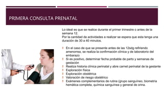 PRIMERA CONSULTA PRENATAL
Lo ideal es que se realice durante el primer trimestre o antes de la
semana 12.
Por la cantidad de actividades a realizar se espera que esta tenga una
duración de 30 a 40 minutos.
En el caso de que se presente antes de las 12sdg refiriendo
amenorrea, se realiza la confirmación clínica y de laboratorio del
embarazo
Si es positivo, determinar fecha probable de parto y semanas de
gestación
Realiza historia clínica perinatal y abre carnet perinatal de la gestante
Exploración física
Exploración obstétrica
Valoración de riesgo obstétrico
Exámenes complementarios de rutina (grupo sanguíneo, biometría
hemática completa, química sanguínea y general de orina.
 