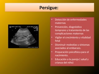Persigue:
• Detección de enfermedades
maternas
• Prevención, diagnóstico
temprano y tratamiento de las
complicaciones maternas
• Vigilar el crecimiento y vitalidad
fetal
• Disminuir molestias y síntomas
asociados al embarazo.
• Preparación psicofísica para el
nacimiento.
• Educación a la pareja ( salud y
crianza del niño)
 