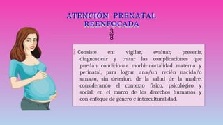  Consiste en: vigilar, evaluar, prevenir,
diagnosticar y tratar las complicaciones que
puedan condicionar morbi-mortalidad materna y
perinatal, para lograr una/un recién nacida/o
sana/o, sin deterioro de la salud de la madre,
considerando el contexto físico, psicológico y
social, en el marco de los derechos humanos y
con enfoque de género e interculturalidad.
ATENCIÓN PRENATAL
REENFOCADA

 