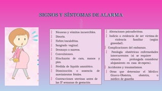 SIGNOS Y SÍNTOMAS DE ALARMA

 Náuseas y vómitos incoercibles.
 Disuria.
 Fiebre/escalofríos.
 Sangrado vaginal.
 Desmayo o mareos.
 Convulsiones.
 Hinchazón de cara, manos y
pies.
 Pérdida de líquido amniótico.
 Disminución o ausencia de
movimientos fetales.
 Contracciones uterinas antes de
las 37 semanas de gestación
 Alteraciones psicoafectivas.
 Indicio o evidencia de ser víctima de
violencia familiar (según
gravedad).
 Complicaciones del embarazo.
 Patología obstétricao enfermedades
intercurrentes (si se requiere
estancia prolongada considerar
alojamiento en casa de espera).
 Accidentes y traumatismos.
 Otras que determine el Médico
Gíneco-Obstetra, obstetra, o
médico de guardia
 