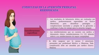 
CONSULTAS EN LA ATENCIÓN PRENATAL
REENFOCADA
 Los resultados de laboratorio deben ser evaluados por
médico, preferentemente especialista en Gineco
Obstetricia, para identificar patologías y
complicaciones asociadas y propias de la gestación y
confirmar el plan de trabajo para la atención integral.
Consideraciones
específicas  Los establecimientos que no cuenten con médico y
laboratorio clínico (establecimientos I-1, I-2) deberán
referir a un establecimiento de mayor complejidad
 Se debe asegurar por lo menos 2 atenciones
prenatales por profesional Médico u Obstetras. Toda
complicación debe ser atendida por médico Gíneco
Obstetra
 