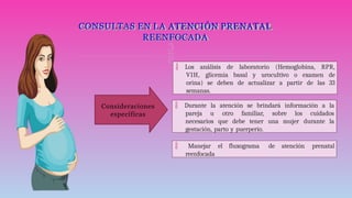 
CONSULTAS EN LA ATENCIÓN PRENATAL
REENFOCADA
 Los análisis de laboratorio (Hemoglobina, RPR,
VIH, glicemia basal y urocultivo o examen de
orina) se deben de actualizar a partir de las 33
semanas.
Consideraciones
específicas
 Durante la atención se brindará información a la
pareja u otro familiar, sobre los cuidados
necesarios que debe tener una mujer durante la
gestación, parto y puerperio.
 Manejar el fluxograma de atención prenatal
reenfocada
 